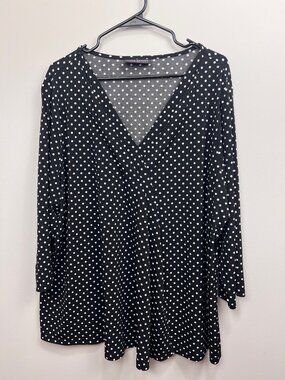 Lane Bryant 22/24 Black White Polka Dot Faux Wrap Blouse Plus Size V-Neck Stretc